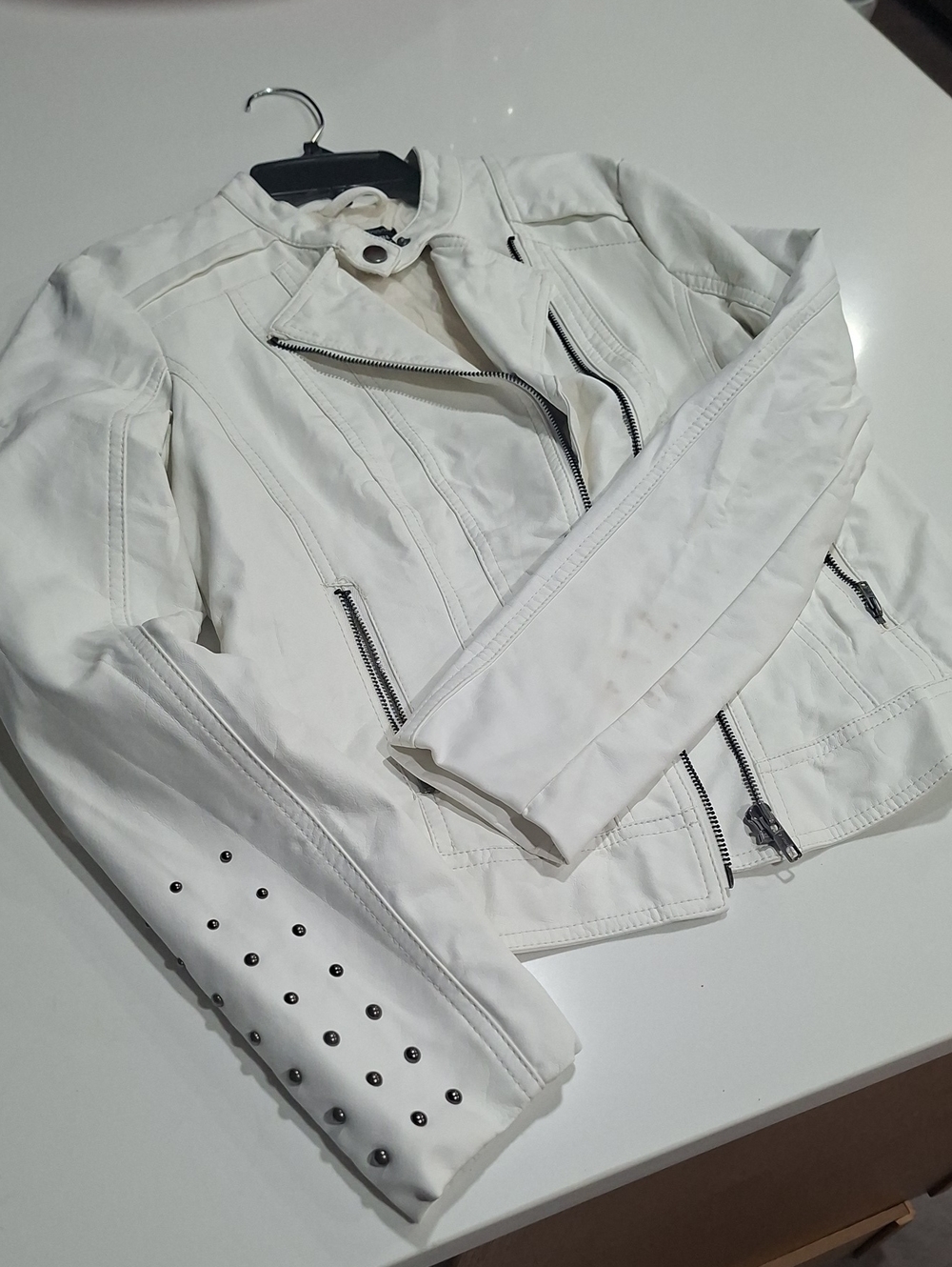 I Love RONSON White Womens Faux Leather Moto Jacket with Studded Cuffs